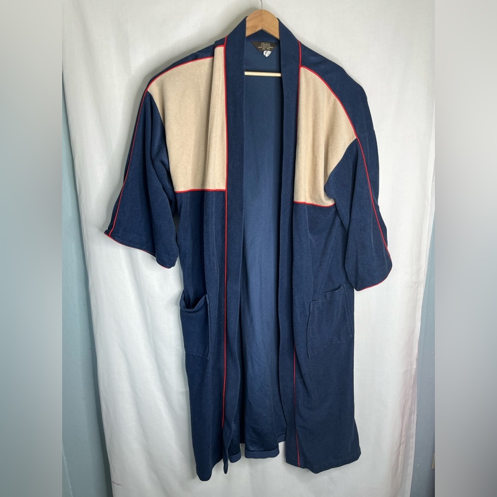 Vintage Sears Men's Velour Blue, White, Red Stripes Robe OS chest 36-48 GHL2.